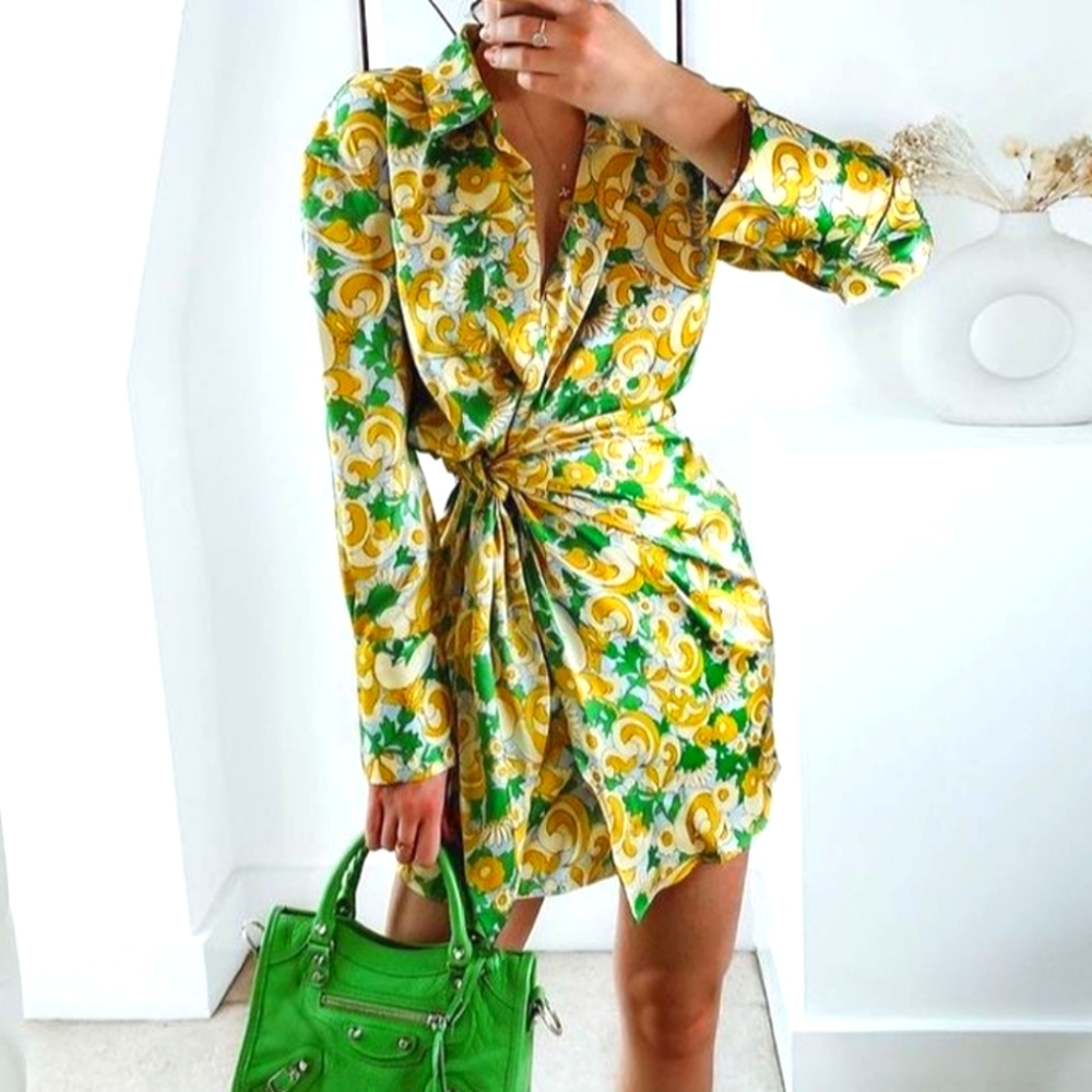 Zara Wrap Dress Yellow Green Floral Paisley